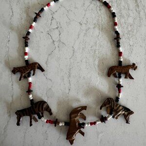 African Beaded Necklace with wood safari animals